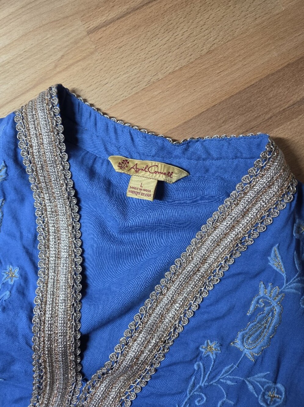 April Cornell Tiered Maxi Dress Size Large Full Ethnic Blue V-neck (c1) - Picture 10 of 11